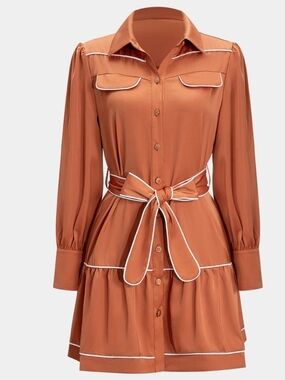 Tie-Waist Rust Orange Midi Shirt Dress with Contrast Piping